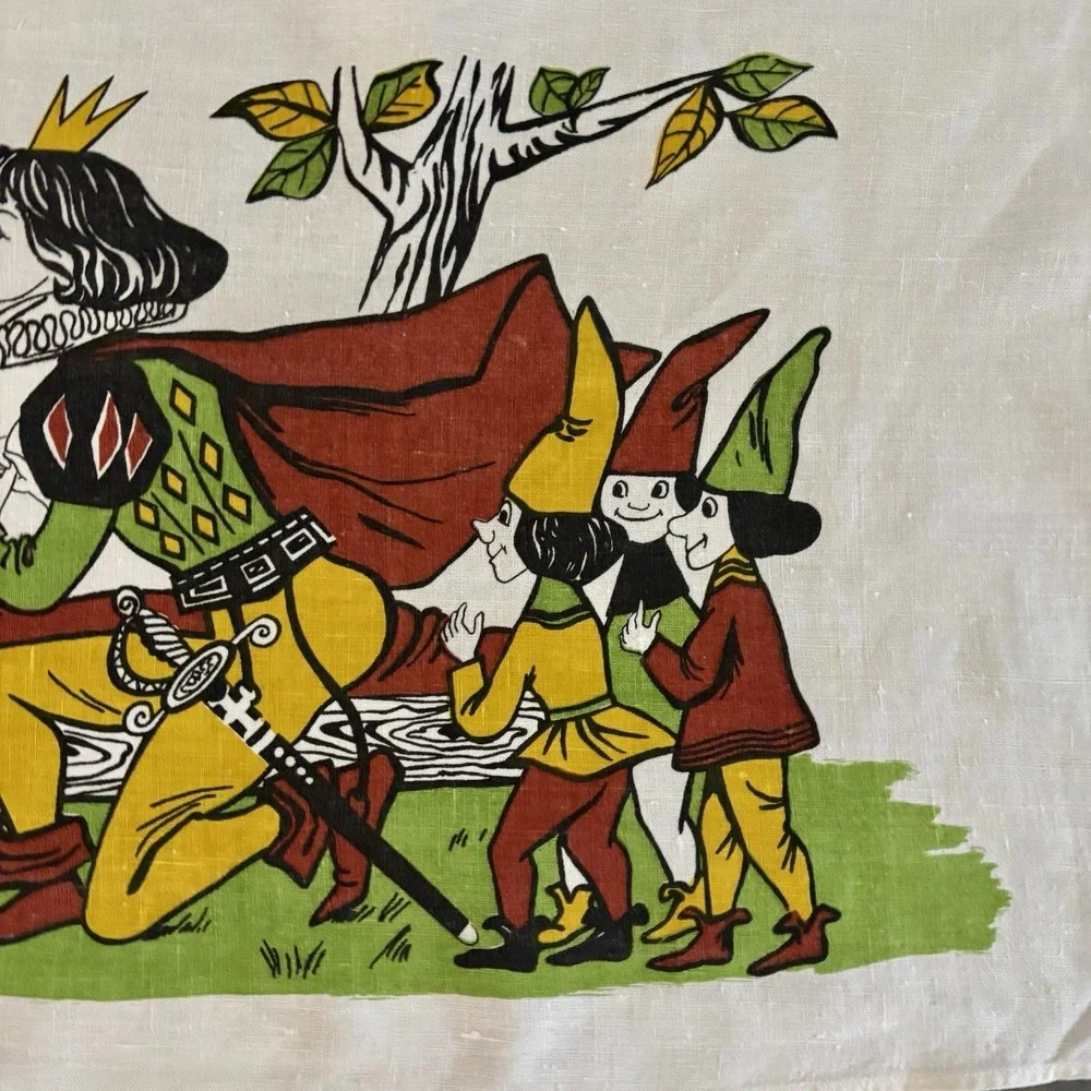 Vtg Retro‎ Snow White Themed Linen Kitchen Tea Towel Off White 28x15.5